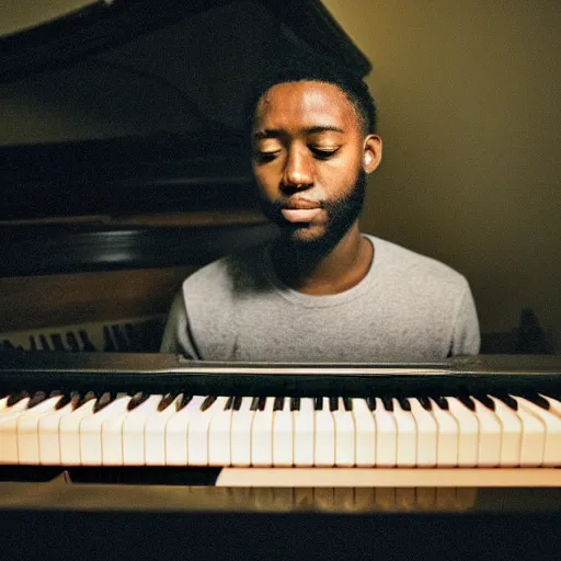 Prompt: 3 0 year old man playing the pino front facing his hands are covered by the piano light dark skin, his facing is facing front