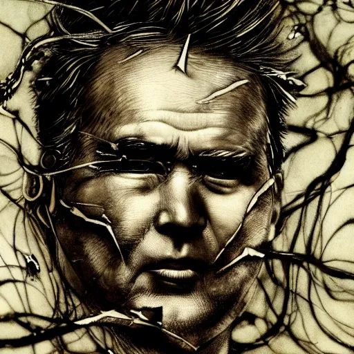 Image similar to Yoshitaka Amano realistic illustration of jeb bush ,hair fluttering in the wind, cracks on his face wearing Elden ring armour with engraving, abstract black and white patterns on the background, noisy film grain effect, highly detailed, Renaissance oil painting, weird portrait angle, blurred lost edges, three quarter view