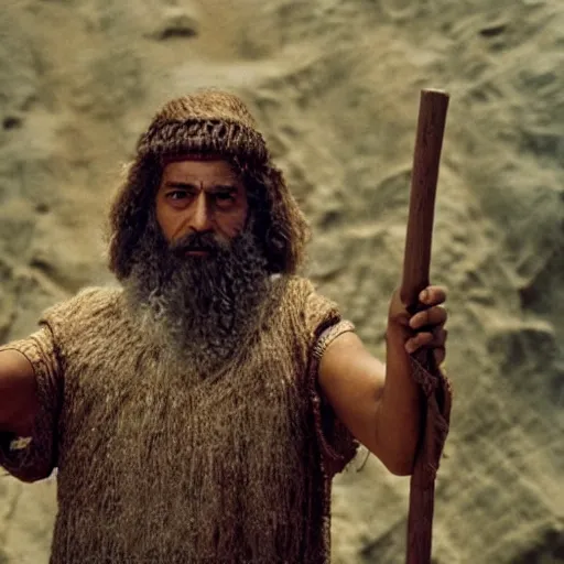 Prompt: Mediterranean man as Moses holding a wooden staff in a movie directed by Steven Spielberg, movie still frame, promotional image, imax 70 mm footage