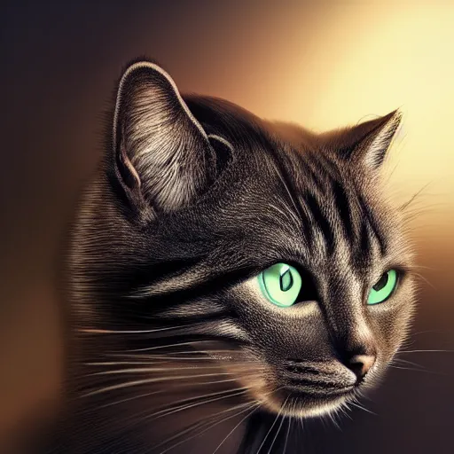 Image similar to a hyper realistic cat, ultra detailed, digital art, cinematic, studio lighting, background battlefield, fantasy,
