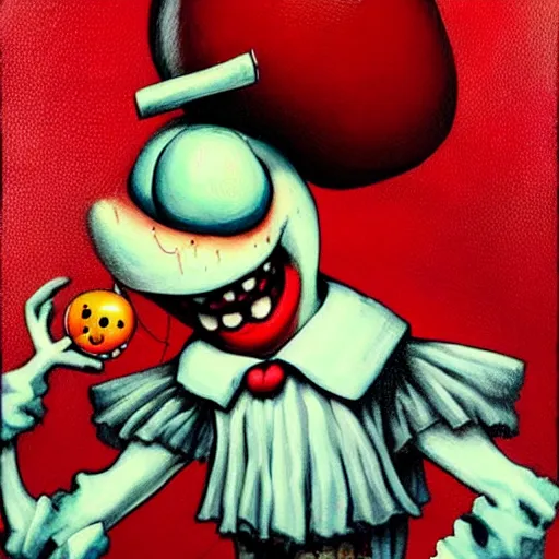 Image similar to grunge painting of mr krabs with a wide smile and a red balloon by chris leib, loony toons style, pennywise style, corpse bride style, horror theme, detailed, elegant, intricate