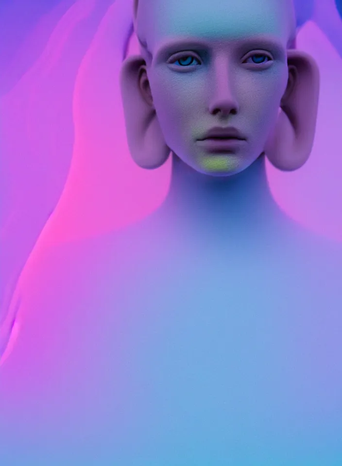 Image similar to high quality pastel coloured film close up photograph of a cyborg model in an icelandic black rock!! environment in a dreamstate environment. three point light. photographic production. art directed. pastel colours. volumetric light. pastel gradient overlay. waves glitch artefacts. extreme facial detail. 8 k. filmic.