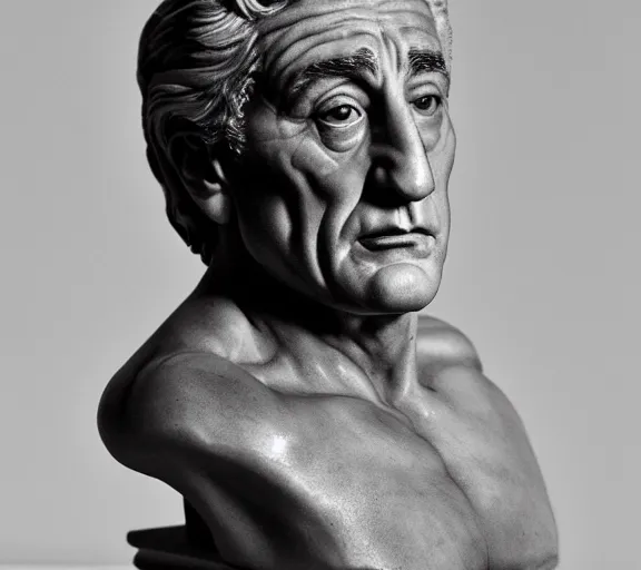 Prompt: a hyper-detailed marble status of Robert DeNiro by Michelangelo; anatomically correct; an extraordinary masterpiece!!!; proud posture; photorealistic eyes; trending on artstation; f/1.4; 90mm