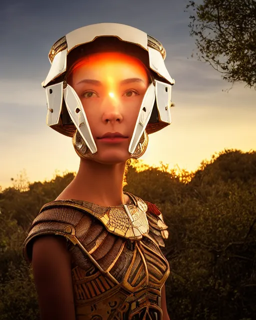 Image similar to centered medium shot fine studio photograph of a young woman wearing only a white solarpunk mecha Mayan helmet with bright lights, ultra-realistic, white background, 8k HDR sunset lit, intricate