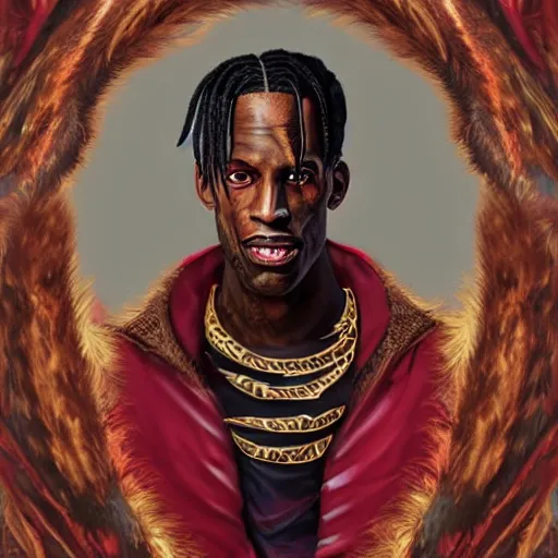 Prompt: dnd portrait of a travis scott as tiefling, male, red scales, a big black beard, completely golden eyes, 1 curved horn growing out of his forehead, one broken horn growing out of his forehead,
