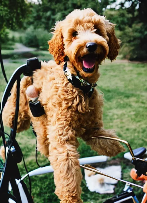 Image similar to digital art, golden doodle puppy, riding a stationary bike, cute, artistic, fuji 8 0 0 film