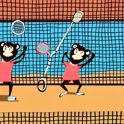 Prompt: cartoon illustration of monkeys playing tennis, 4k wallpaper