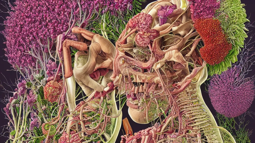 Image similar to highly detailed illustration of a human anatomy body exploded by all the known species of flowers by oliver vernon