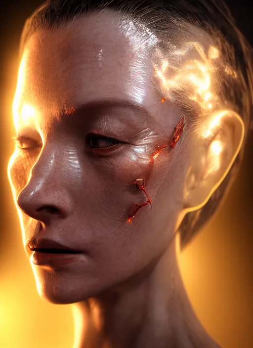 Image similar to 3 / 4 portrait, queen, crown, translucent skin, muscle, bones, veins, nerves, hyperrealism, exoskeleton, detailed, photorealistic, cyberpunk apocalyptic city, futuristic, ultra realistic, cinematic, intricate, cinematic light, unreal engine 8 k, octane render, unreal engine by charlie bowater, david kostic, stanley lau, artgerm