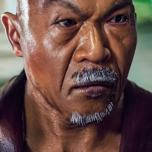Prompt: a film still of a black man starring in a japanese blockbuster film as heihachi from tekken, shallow depth of field, cinematic, award winning cgi, vfx, film still