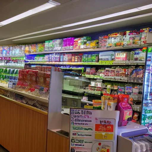 Prompt: Vision working as a 7/11 cashier, wide wide shot, very detailed, hdr photograph, beautiful lighting