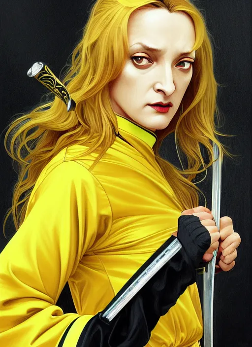 Prompt: uma thurman in kill bill, rococo and art nouveau fusion, swinging reflective katana, yellow jumpsuit with black stripe, highly detailed, deep focus, elegant, digital painting, smooth, sharp focus, illustration, ultra realistic, japanese art by artgerm and alphonse mucha