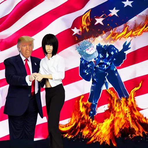 Image similar to Donald Trump anime grabbing scarcely dressed woman by the waist American flag on fire in background