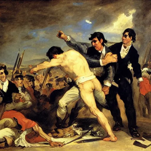 Image similar to Eugène Delacroix painting of Joe Biden and Donald Trump fighting