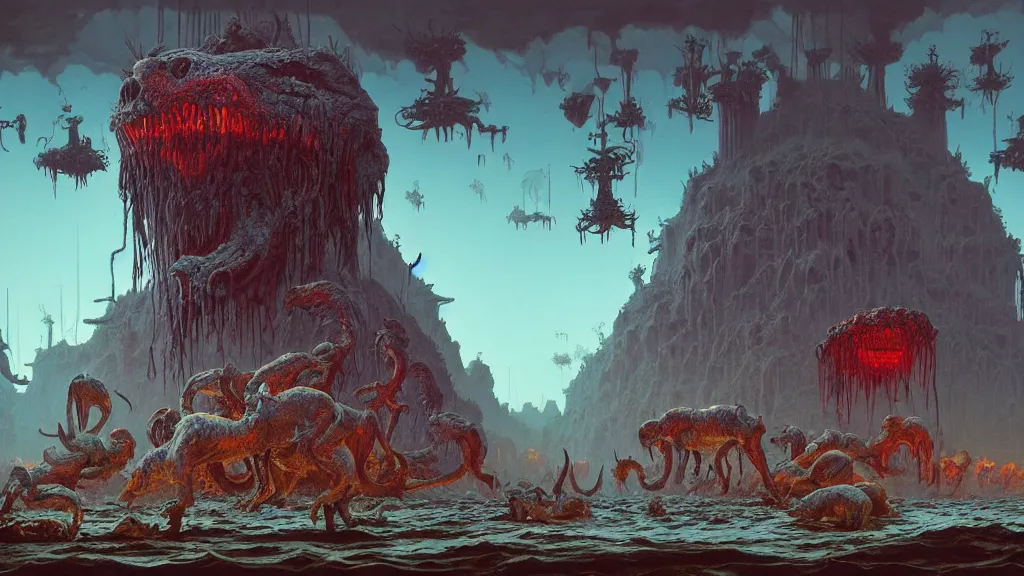 Image similar to the ancient manifestation of evil in a sea of rabid dogs, intricate, detailed, volumetric lighting, sharp focus, scenery, photorealism, digital painting, highly detailed, concept art, by roger dean and simon stalenhag and mark brooks