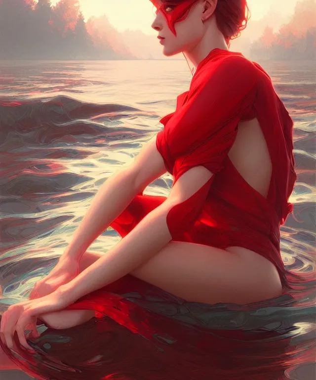 Image similar to emily rajtkowski, lake, red, highly detailed, digital painting, artstation, concept art, smooth, sharp focus, illustration, art by artgerm and greg rutkowski and alphonse mucha