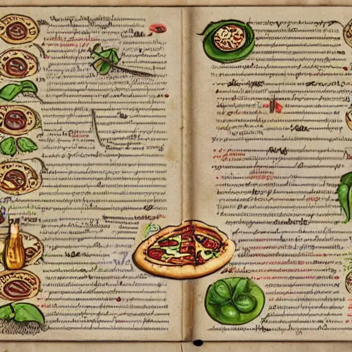 Image similar to Pizza recipe book in the style of Voynich Manuscript, 8k, artstation, concept art,