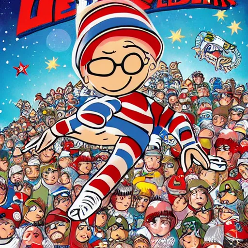 Image similar to wheres waldo in the galaxy, cover art