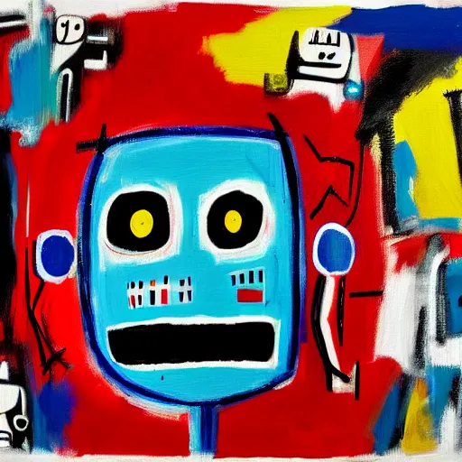 Prompt: painting of a Robot that has feelings in the style of Basquiat