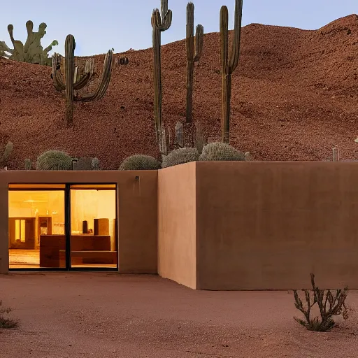 Image similar to desert house made from rammed earth and weathered steel, courtyard with cactus and palo verde trees, photorealistic, detailed, cinematic lighting