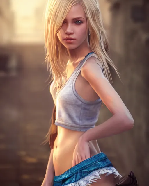 Image similar to highly detailed photography, photorealistic, young girl, blonde hair, blue eyes, in short mini skirt, full body shot, hyperdetailed, airbrushed, unreal engine, global illumination, ultra detailed