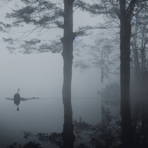 Prompt: person swimming in fog, eerie, dark