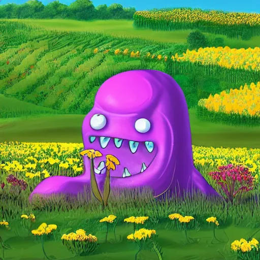 Image similar to A gelatinous monster roaming threw a flower field, landscape