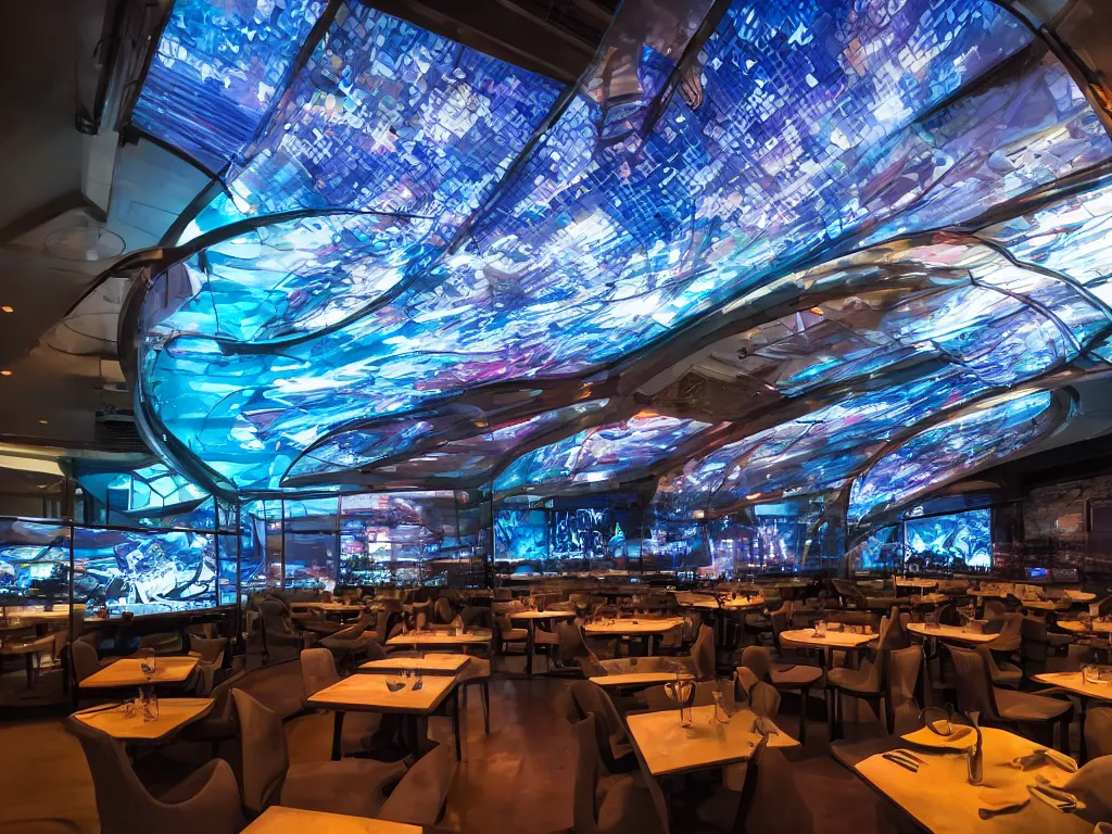 Image similar to visor with curved translucent screens projecting detailed sci - fi art, pixel perfect photograph, high contrast, volumetric lighting, thin glowing lights, restaurant, chairs, users, pair of keys