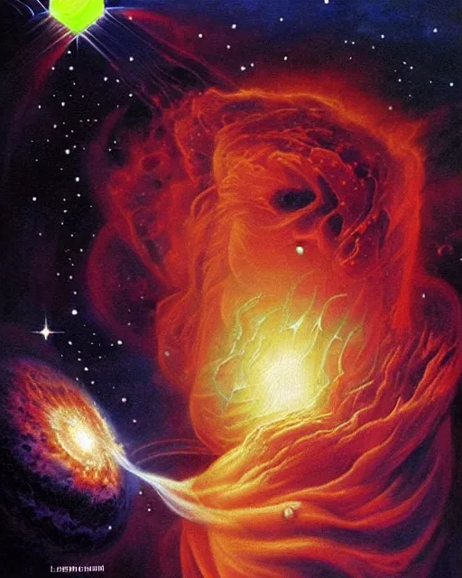 Image similar to cosmic tennis player serving a tennis ball in a nebula, an oil painting, by ( leonardo da vinci ) and greg rutkowski and rafal olbinski, award - winning magazine cover