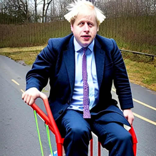 Image similar to Boris Johnson sitting inside a shopping-cart sliding down a very steep hill, anatomically correct, directed open gaze, symmetrical face