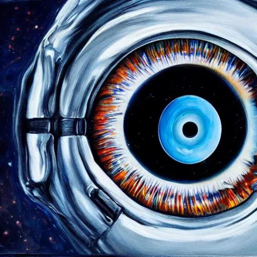 Image similar to a highly detailed photorealistic painting of a human eye reflecting outer space