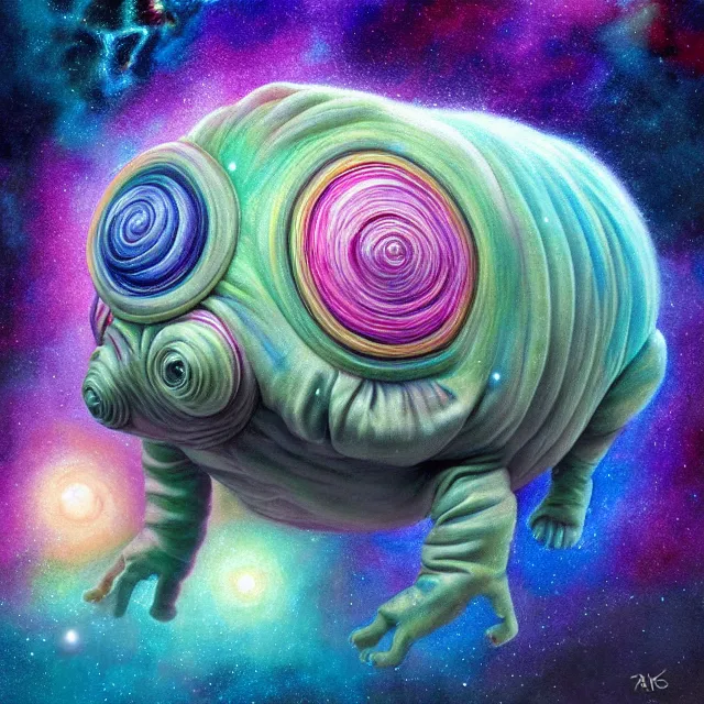 Image similar to a highly detailed tardigrade, it has rainbow hair and a beautiful unconventional face, floating through deep space, elegant, hyperrealistic, digital painting, artstation, realism, concept art, pop, smooth, mythological, sharp focus, qualia, illustration, art by mark ryden 3 d 8 k ultra detailed