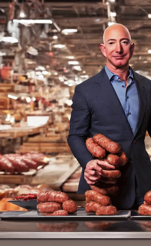 Image similar to Portrait of Jeff Bezos selling a new type of sausage, splash art, movie still, cinematic lighting, dramatic, octane render, long lens, shallow depth of field, bokeh, anamorphic lens flare, 8k, hyper detailed, 35mm film grain