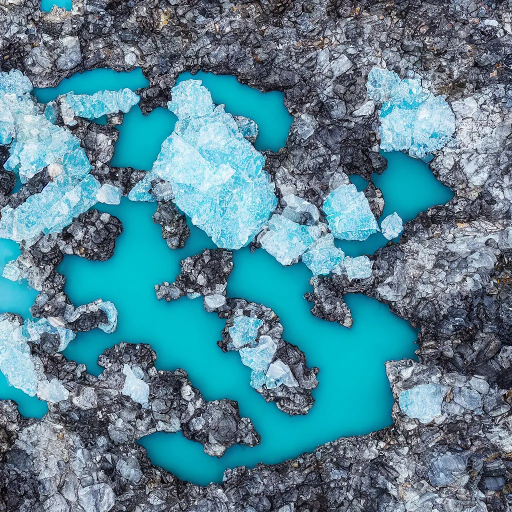 Prompt: bright blue pools of water surrounded by large facetted slabs of obsidian, patches of green moss, icy glaciers, Iceland, birds eye view