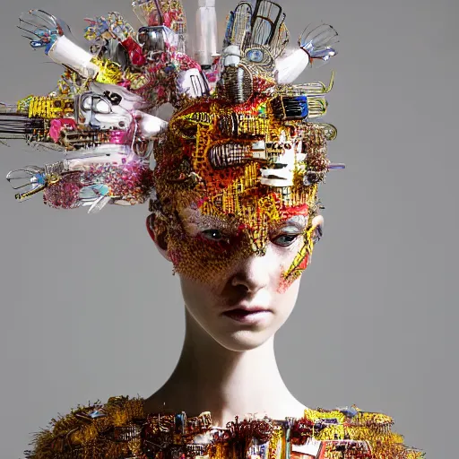 Prompt: a woman with a weird head piece on her head, a flemish baroque by alexander mcqueen, panfuturism, made of paperclips, made of insects, made of feathers, hybrid, bold natural colors, masterpiece, trending on artstation, photograph