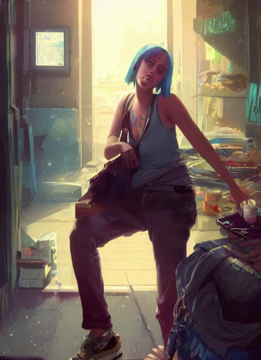 Image similar to Highly detailed full-body portrait of homeless Katy Perry, in GTA V, Stephen Bliss, unreal engine, fantasy art by Greg Rutkowski, Loish, Rhads, Makoto Shinkai and Lois van baarle, ilya kuvshinov, rossdraws, Mat collishaw, global illumination, radiant light, detailed and intricate environment