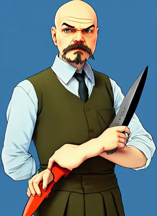 Image similar to art young lenin with giant knife \, light blue eyes, pale skin, freckles, sad expression, t - shirt, modern casual clothing, natural lighting, path traced, highly detailed, high quality, cartoon, digital painting, by don bluth and ross tran and studio ghibli and alphonse mucha
