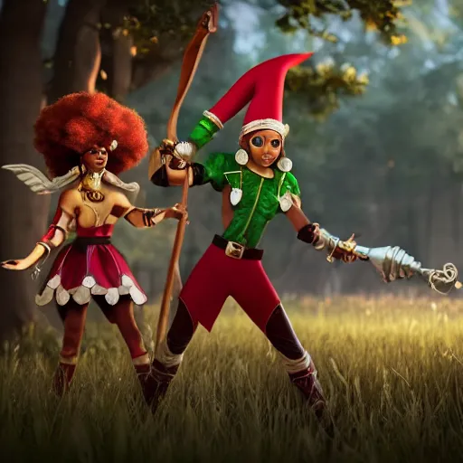 Prompt: beautiful afroame elf, clash royal style characters, unreal engine 5, octane render, detailed, cinematografic, cinema 4 d