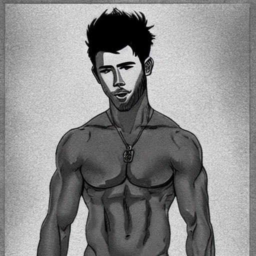 Image similar to still of nick jonas with a very muscular!!!!! body type, anime art, anime style