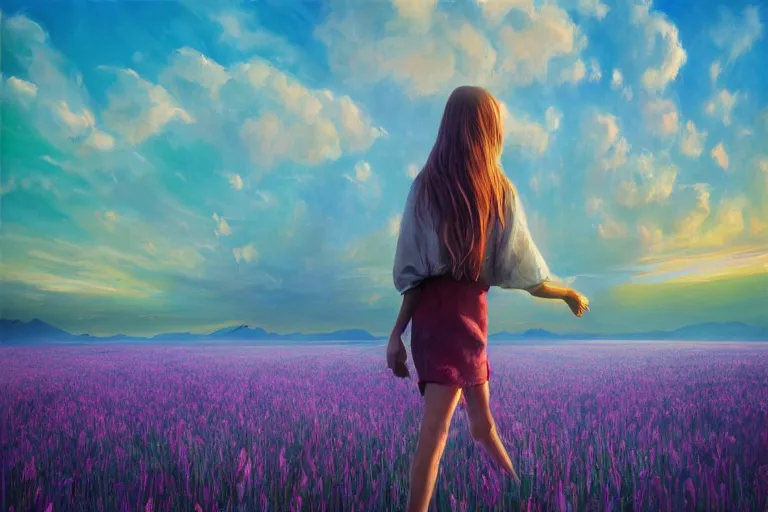 Image similar to giant gladiola head, girl walking in field of flowers, surreal photography, sunrise, blue sky, dramatic light, impressionist painting, digital painting, artstation, simon stalenhag