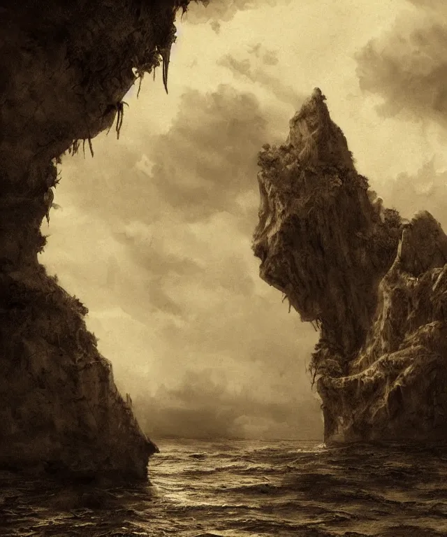 Prompt: photorealistic sepia painting of a pirate ship sailing in front of a tropical island cliff with the mouth of a grotto at the waterline, dark, brooding, atmospheric, lovecraft, by dave dorman