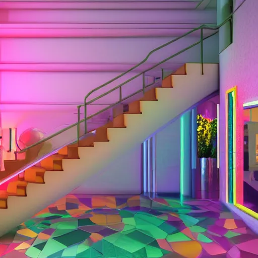 Image similar to a room with a staircase and a disco ball, a 3 d render by mor than, trending on tumblr, crystal cubism, vaporwave, retrowave, synthwave
