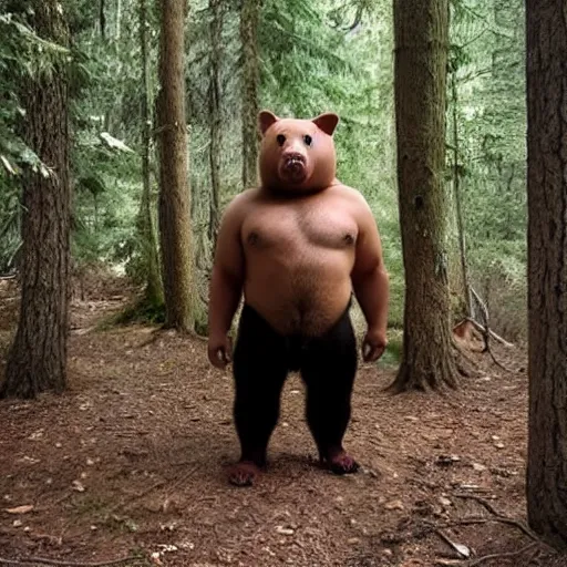 Image similar to a man who is half man, half bear, half pig standing on hind legs in the woods