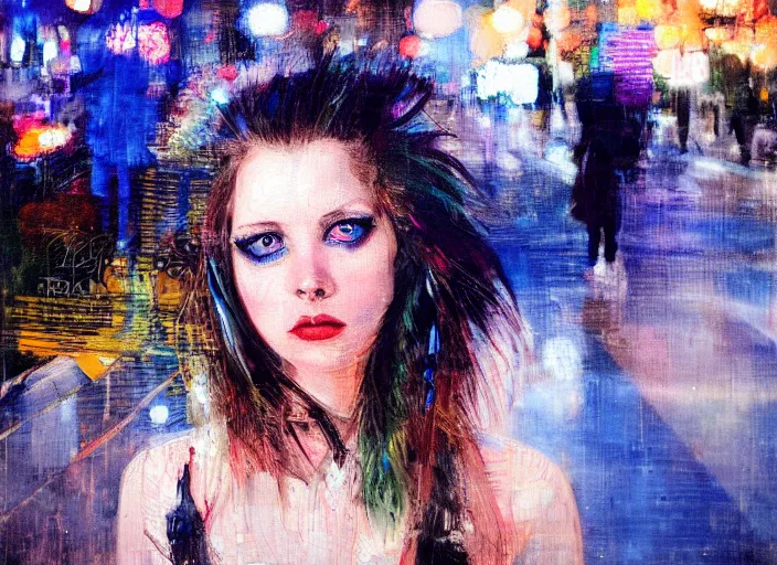 Image similar to detailed portrait of a punk girl with blue eyes in the city street at night, bokeh, long exposure, painting by giovanni boldini christopher doyle