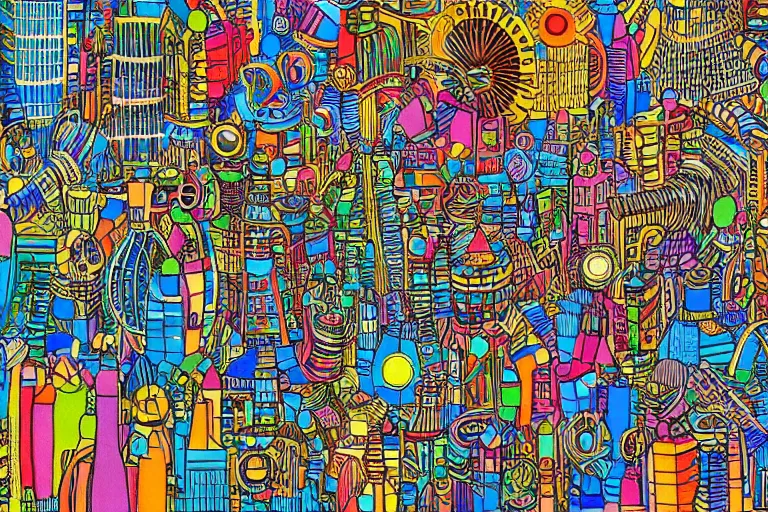 Image similar to an elaborate penned child illustration of a colorful intricate connected city of tubes and pipes, by martin handford and by jan van haasteren