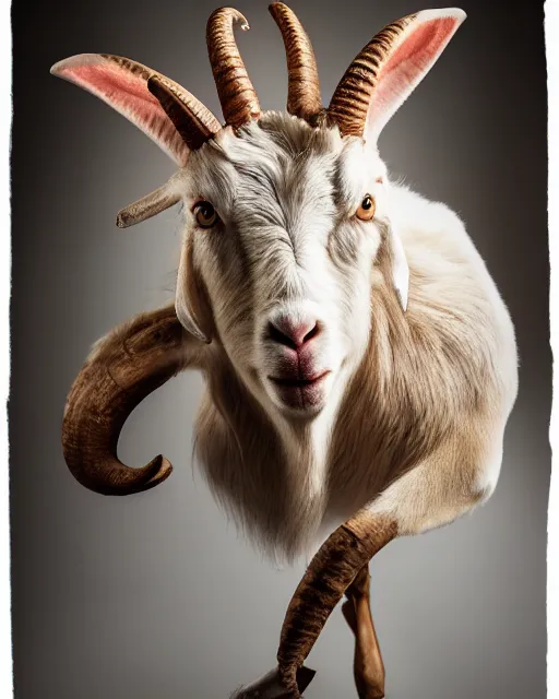 Prompt: headshot of satyr looking angry ellen degeneres with yellow goat like eyes, goat horns, and large goat ears, studio lighting, 8 k, photo shoot, 9 inch kershaw soft focus lens f / 5. 6