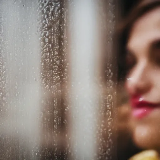 Prompt: a beautiful woman photographed through a rainy window, bokeh,