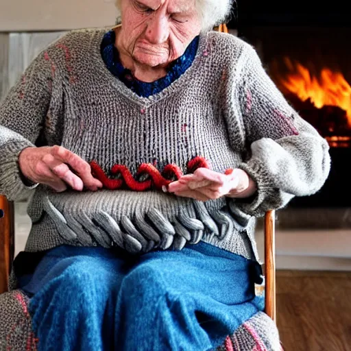 Image similar to an old woman knits a sweater made out of writhing worms in a rocking chair in front of a fireplace, horror movie still