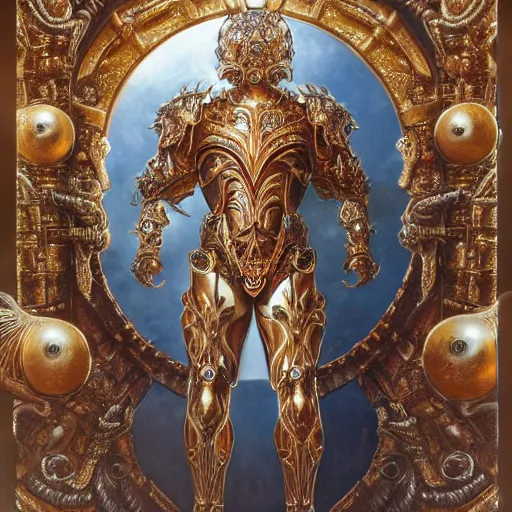 Prompt: a beautiful symmetrical muscular body wearing an armor made of golden ornaments and gems by alex gray and android jones , Karol Bak, Ayami Kojima, Amano , 3D, 8k resolution