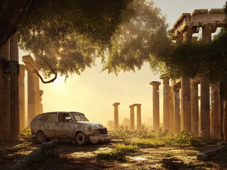 Image similar to a tree growing on a scrap car in ancient greek ruins, gray wasteland, many scrap cars, overgrown, pillars and arches, vines, hyperrealistic, highly detailed, cinematic, ray of golden sunlight, beautiful, cgsociety, artstation, 8 k, oil painting by greg rutkowski, by artgerm, by wlop